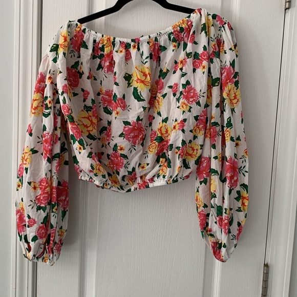 Olivaceous Romantic Floral Balloon‎ Sleeve Crop Blouse Top off the shoulders M - Picture 6 of 9